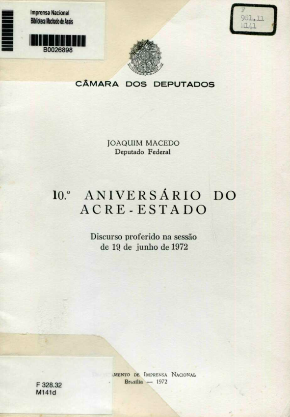 Capa do Livro 10º Aniversário do Acre - Estado - (F328.32)